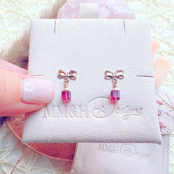 New Gold Bow Stud Earrings with Crystal Cube | Handmade in British Columbia - Picture 3 of 5